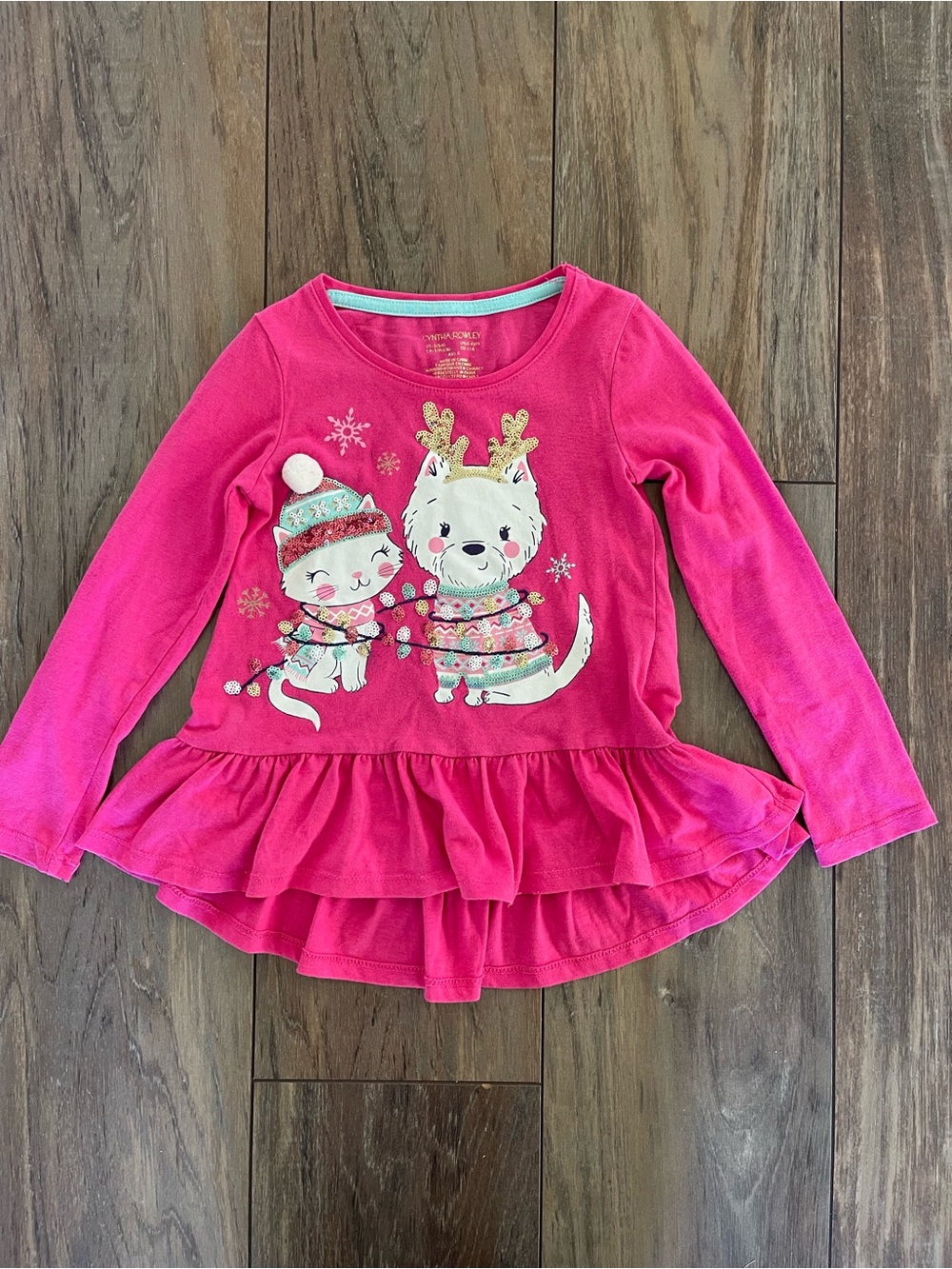 Cynthia Rowley Girls Pink Holiday Peplum Top long sleeve shirt Size 5-6 like New